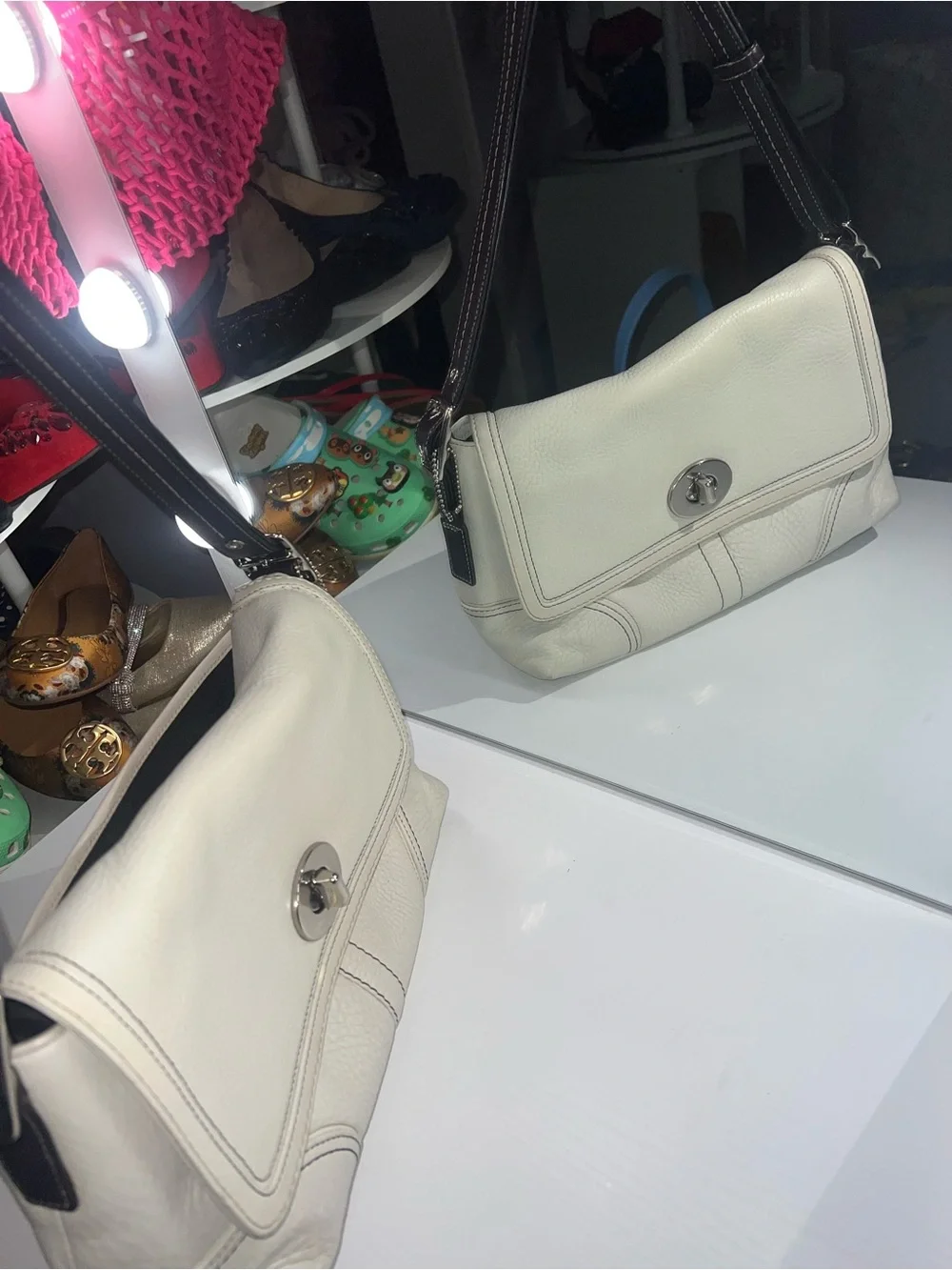White Leather Shoulder Bag with Brown Strap